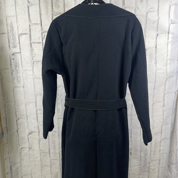 Made in France Black Felt Trench Coat Wide Collar Open Front Belted with Pockets - Picture 6 of 12